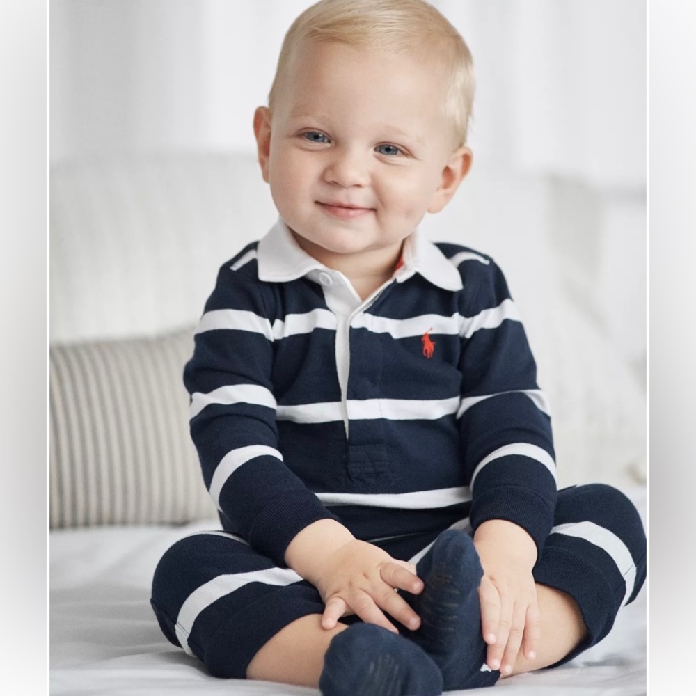 Navy blue Striped Rugby Cotton Coverall